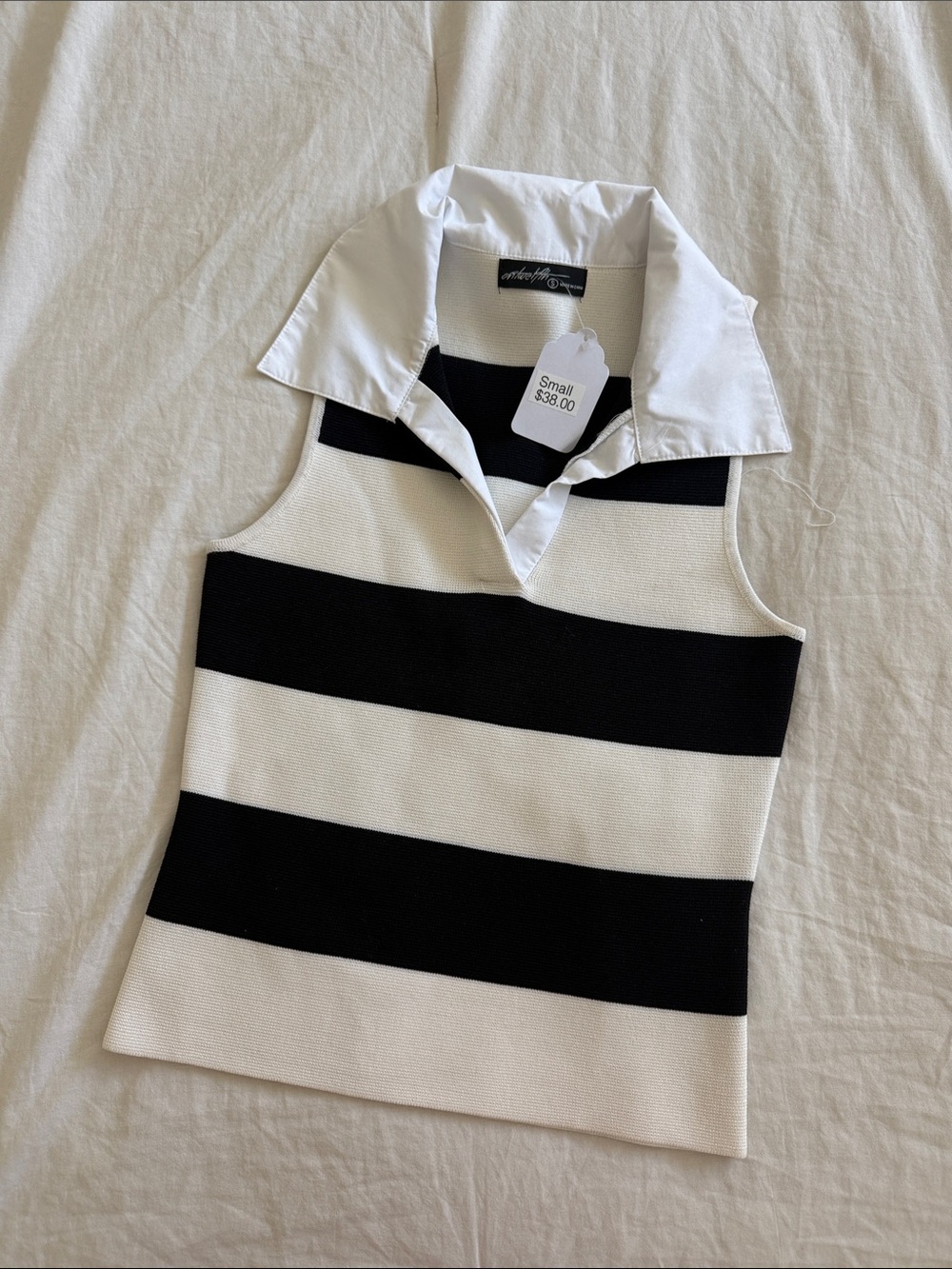Apt. 9 Black & White Striped Sleeveless Collared Tank